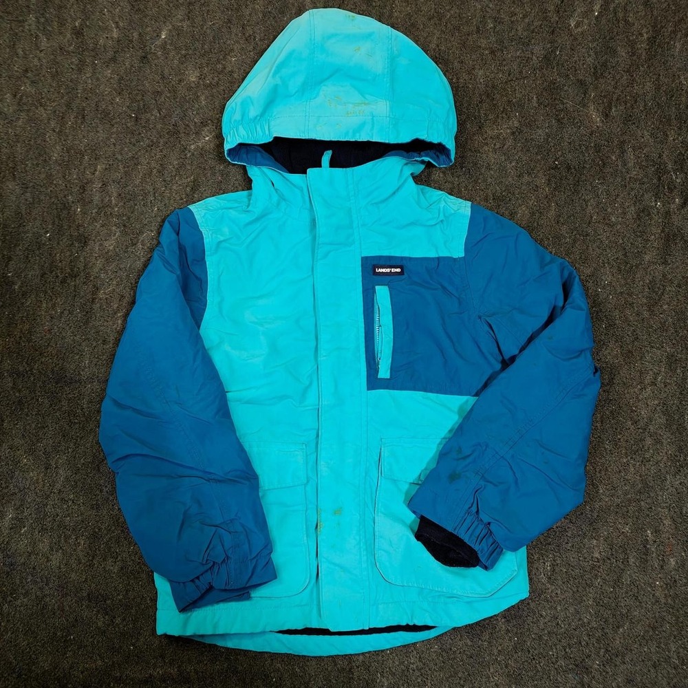 Lands End Kids Blue Hooded Ski Jacket Size S 6-7 Fleece Lined Winter Coat